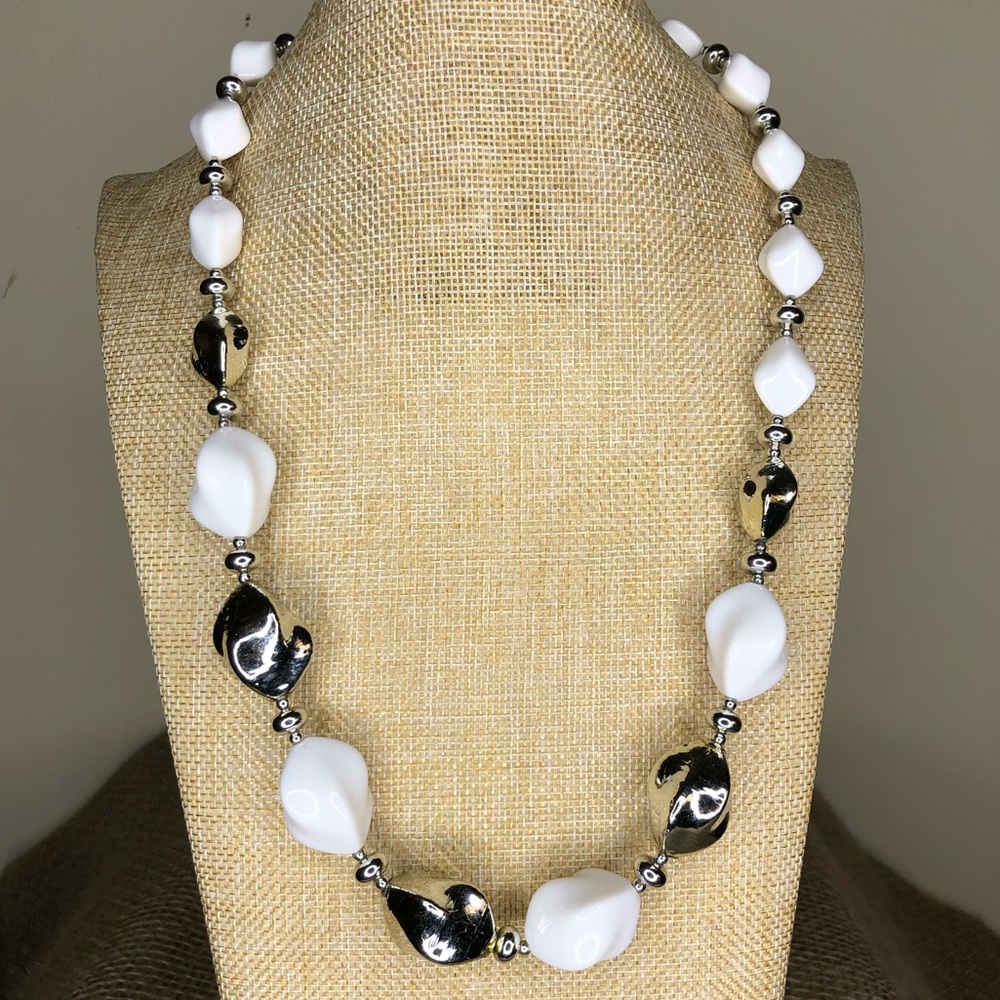 Silver and white plastic bead fashion necklace